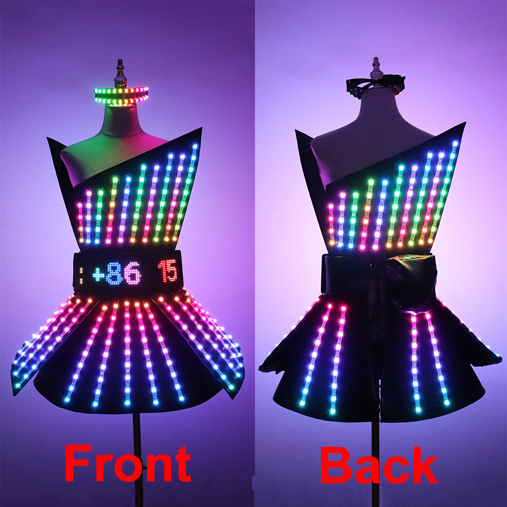 Full Color LED Dress Suits Nightclub Luminous Glasses Costume Singer Dj GoGo Glowing Sexy Skirt Party Light Up Dancer Clothing