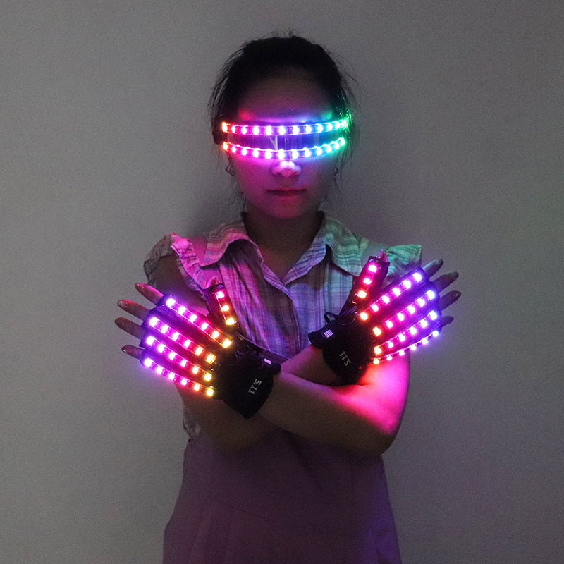 LED Gloves Glowing Glasses Light Up Glasses Rave Costume Decor DJ Dance Performances Luminous Props Halloween Decorati