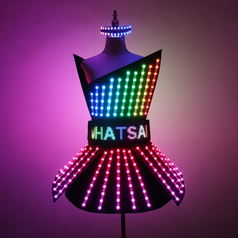 Full Color LED Dress Suits Nightclub Luminous Glasses Costume Singer Dj GoGo Glowing Sexy Skirt Party Light Up Dancer Clothing
