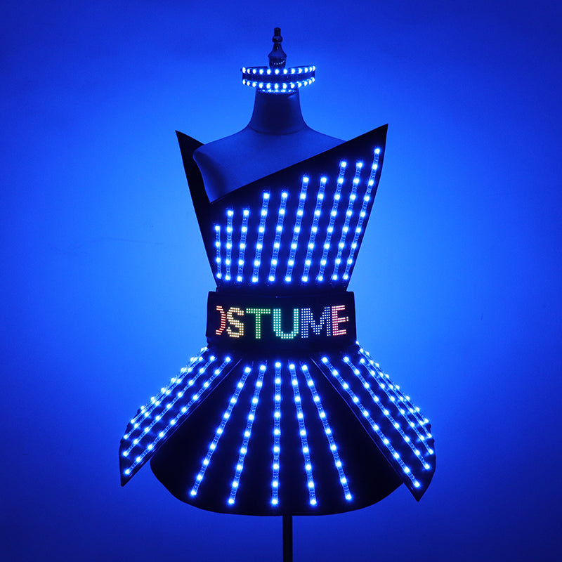 Full Color LED Dress Suits Nightclub Luminous Glasses Costume Singer Dj GoGo Glowing Sexy Skirt Party Light Up Dancer Clothing