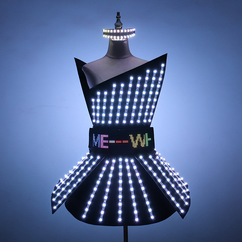 Full Color LED Dress Suits Nightclub Luminous Glasses Costume Singer Dj GoGo Glowing Sexy Skirt Party Light Up Dancer Clothing