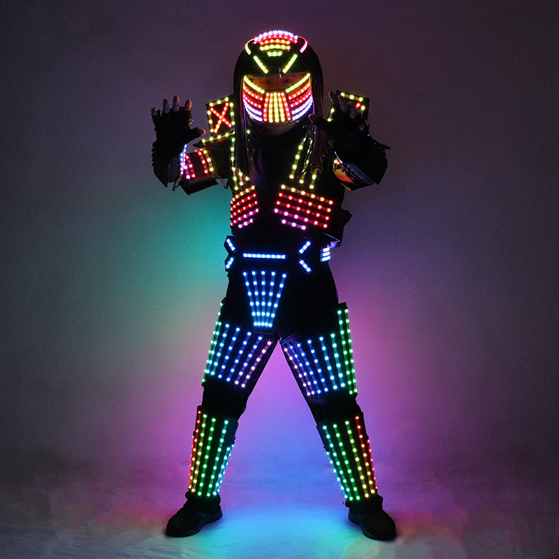 Full Color LED Robot Suit Stage Dance Costume LED Lights Luminous Jacket Clothes Performance Wear Helmet With Laser Gloves
