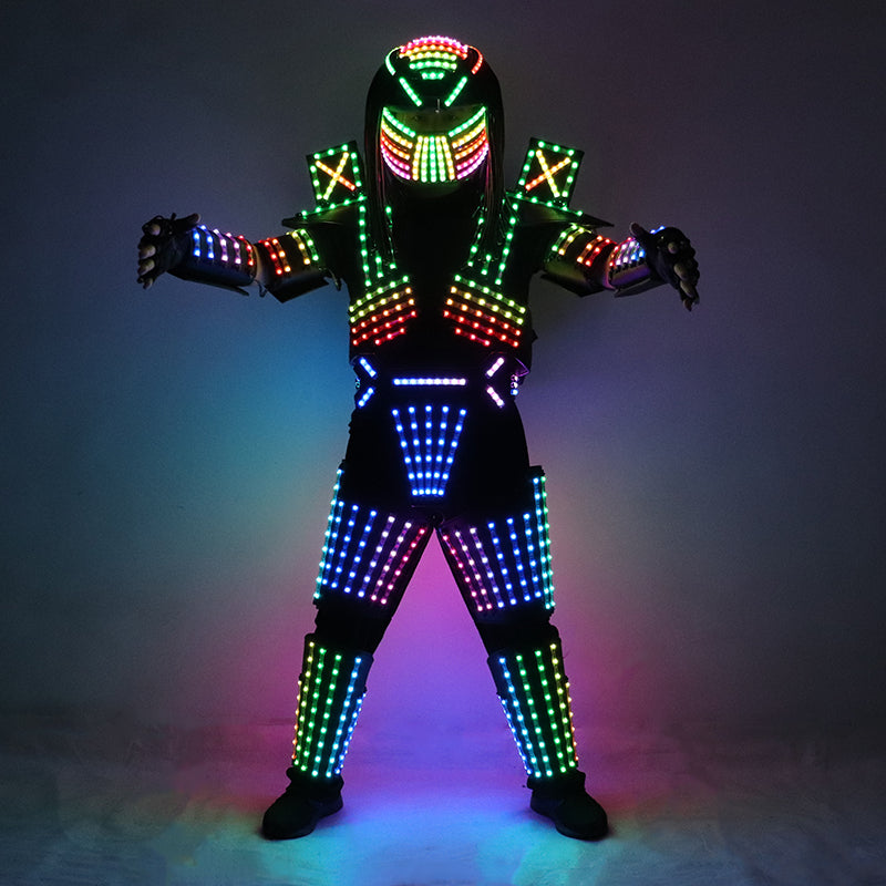 Full Color LED Robot Suit Stage Dance Costume LED Lights Luminous Jacket Clothes Performance Wear Helmet With Laser Gloves