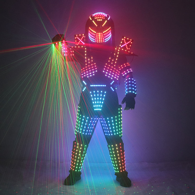 Full Color LED Robot Suit Stage Dance Costume LED Lights Luminous Jacket Clothes Performance Wear Helmet With Laser Gloves