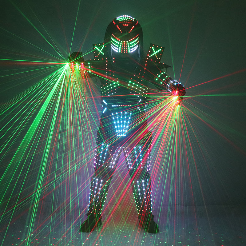 Full Color LED Robot Suit Stage Dance Costume LED Lights Luminous Jacket Clothes Performance Wear Helmet With Laser Gloves