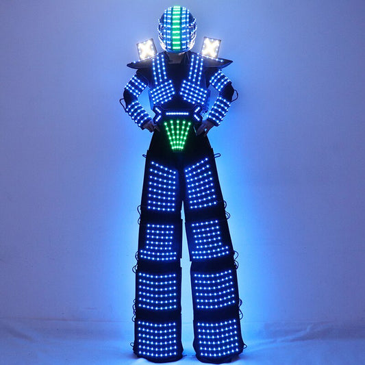 Trajes LED Robot Costume RGB Change Color LED Clothing Helmet Stilts Walker Robot Suit With Laser Gloves