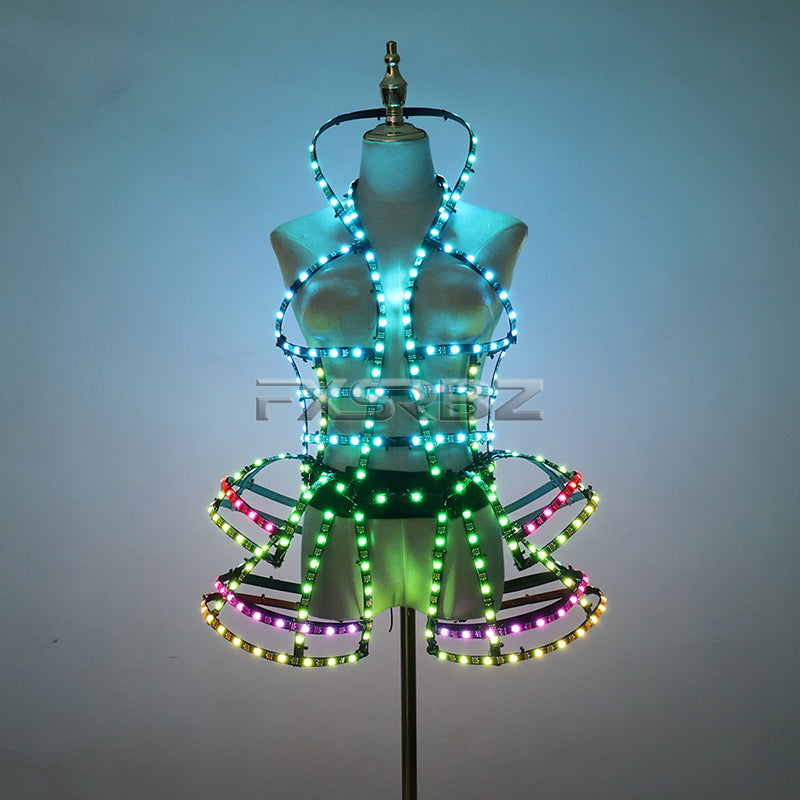 Full Color Digital LED Cage Clothing Suit Light Up Luminous Costumes Sexy Girl Tutu Ballet Dancing LED Hollowed-Out Dress