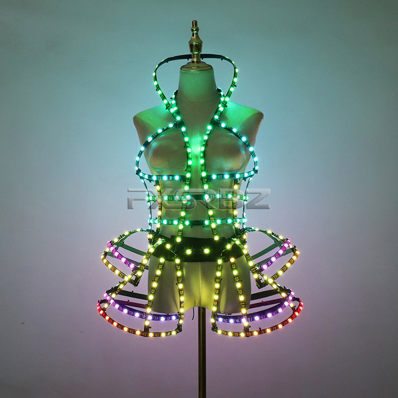 Full Color Digital LED Cage Clothing Suit Light Up Luminous Costumes Sexy Girl Tutu Ballet Dancing LED Hollowed-Out Dress