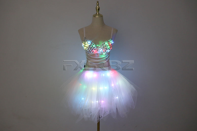 New LED Bra Tutu Skirt Colorful Flash Diamond Bra Belly Dance LED Skirt Christmas Dance Party Sexy Girl Light Up Costume