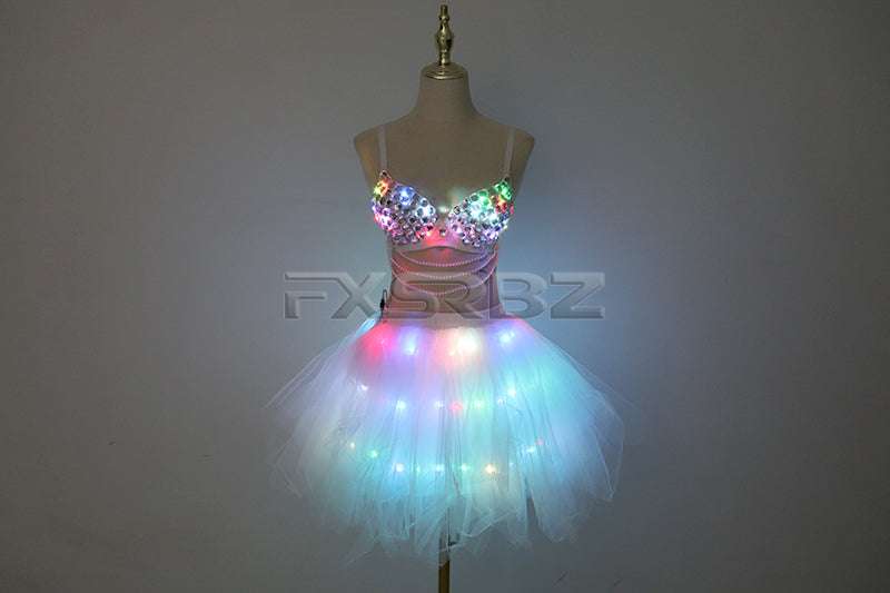 New LED Bra Tutu Skirt Colorful Flash Diamond Bra Belly Dance LED Skirt Christmas Dance Party Sexy Girl Light Up Costume