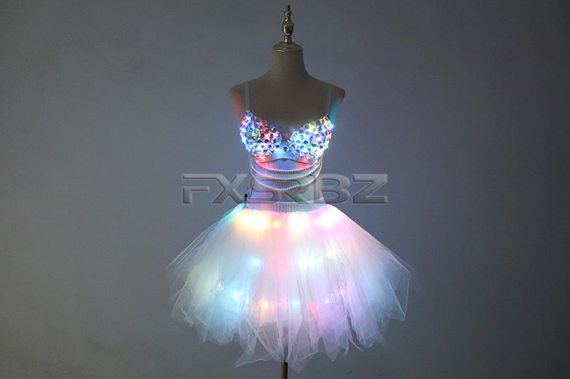 New LED Bra Tutu Skirt Colorful Flash Diamond Bra Belly Dance LED Skirt Christmas Dance Party Sexy Girl Light Up Costume