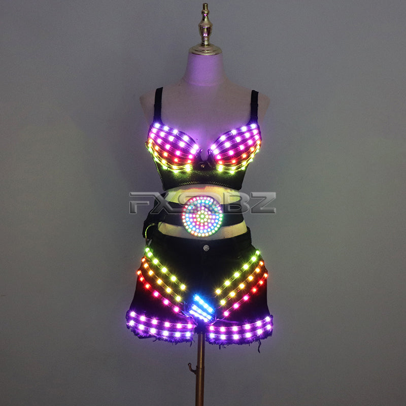 New LED Costume Light Up Sexy Lady Party Dance Bra With Belt DJ Nightclub Bar Glowing Clothing Stage Show Skirt Suits