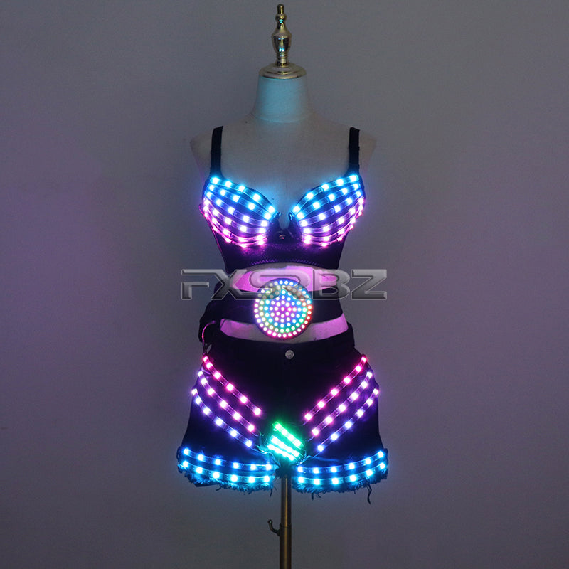New LED Costume Light Up Sexy Lady Party Dance Bra With Belt DJ Nightclub Bar Glowing Clothing Stage Show Skirt Suits