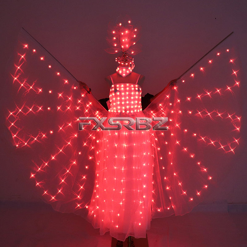 LED Wedding Dress Red Green Blue Yellow Pink Purple Light Up Fluorescent Butterfly Wings Women Luminous Ballet Skirt Costumes
