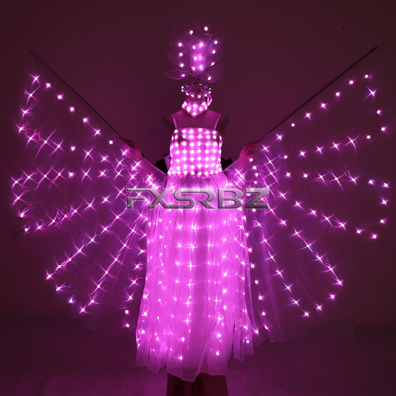 LED Wedding Dress Red Green Blue Yellow Pink Purple Light Up Fluorescent Butterfly Wings Women Luminous Ballet Skirt Costumes