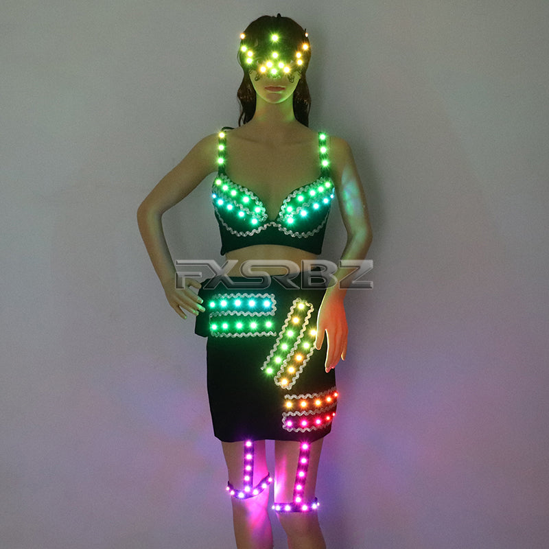 Full Color LED Costume Sexy Woman Luminous Dress Pole Dance Glowing Clothes Masked Stripper Outfits DJ DS Light Up Bra Suits