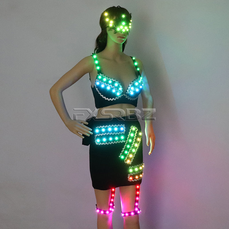 Full Color LED Costume Sexy Woman Luminous Dress Pole Dance Glowing Clothes Masked Stripper Outfits DJ DS Light Up Bra Suits