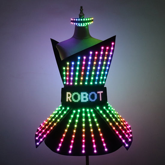 Full Color LED Dress Suits Nightclub Luminous Glasses Costume Singer Dj GoGo Glowing Sexy Skirt Party Light Up Dancer Clothing