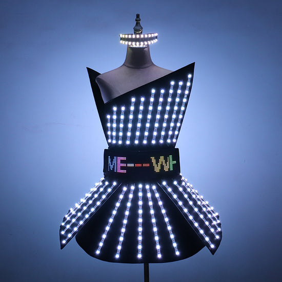 Full Color LED Dress Suits Nightclub Luminous Glasses Costume Singer Dj GoGo Glowing Sexy Skirt Party Light Up Dancer Clothing