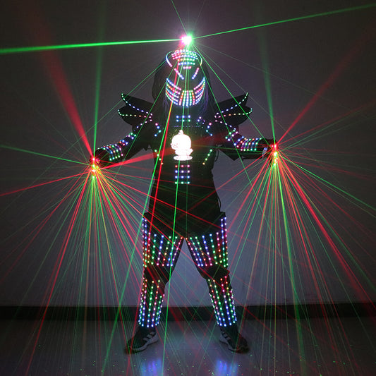 Full Color Pixels LED Robot Costume Suit Stage Dance LED Luminous Jacket Clothes Performance Wear Laser Helmet With Laser Gloves