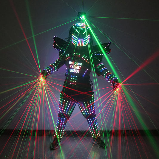 Full Color Pixels LED Robot Costume Suit Stage Dance LED Luminous Jacket Clothes Performance Wear Laser Helmet With Laser Gloves