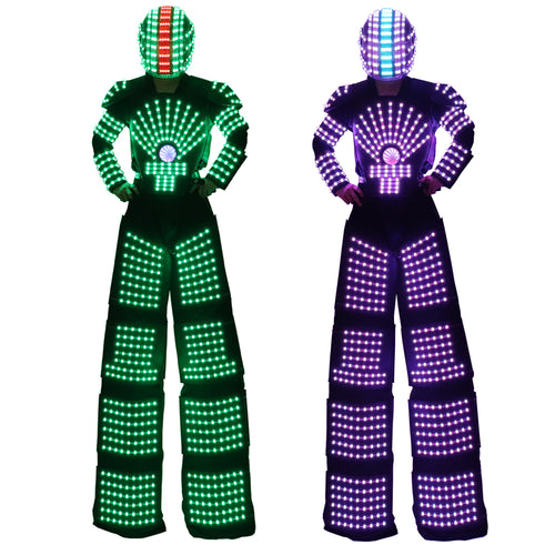 LED Robot Suit Costume High Heel Kryoman Robot David Guetta Stilts Walker Light Clothes Helmet Laser Gloves