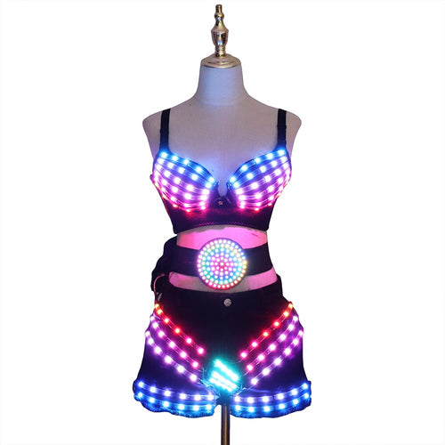 New LED Costume Light Up Sexy Lady Party Dance Bra With Belt DJ Nightclub Bar Glowing Clothing Stage Show Skirt Suits