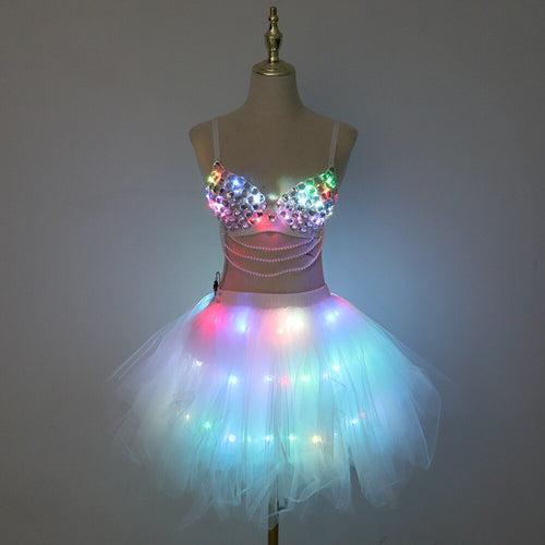 New LED Bra Tutu Skirt Colorful Flash Diamond Bra Belly Dance LED Skirt Christmas Dance Party Sexy Girl Light Up Costume