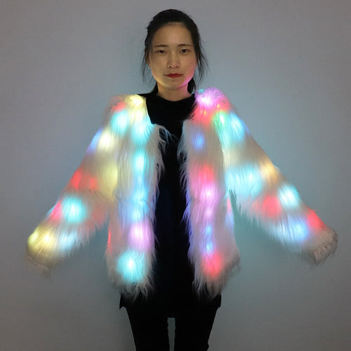 LED Coat Women Faux Fur Light Up Costumes Christmas Jacket Shiny Overcoat Winter Warm Party Club Outwear