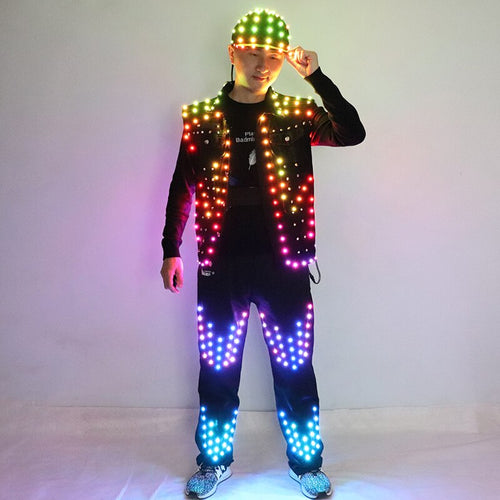 Full Color LED Costume Men's Bar Hosting Luminous Clothing Hat Pants Tron Suit Melbourne Shuffle Dance Light Up Jacket