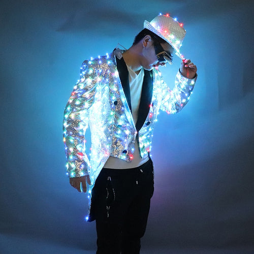 New Fashion Colorful Swallowtail LED Tuxedo magician Party Host Luminous Costumes Glowing Clothes LED Clothing Show