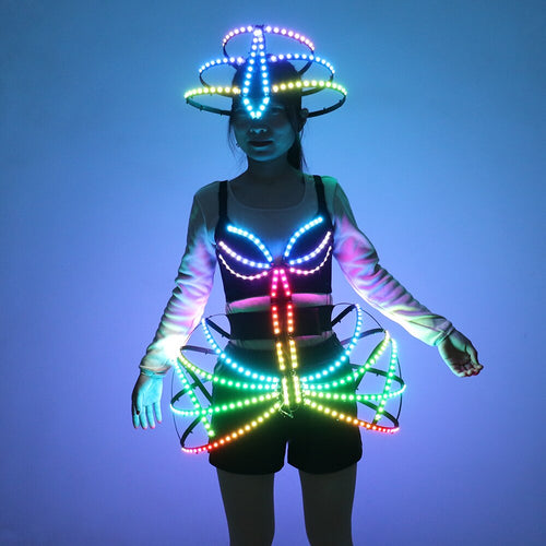 Pixel Smart LED Cage Costume Sexy Girl Light Up Ballet Dress Party Dancing Glowing Tutu Bra Lead Dancer Luminous Clothing Suits