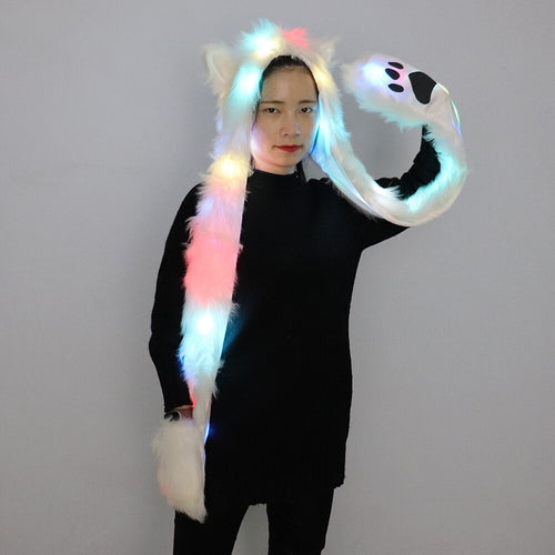 Women LED Faux Fur Hat Light Up Cap Animal Unicorn Warm Animal Cap Scarf With Pocket Party Novelty Cosplay Sexy Costumes