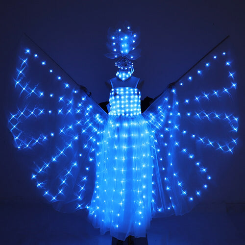 LED Wedding Dress Red Green Blue Yellow Pink Purple Light Up Fluorescent Butterfly Wings Women Luminous Ballet Skirt Costumes