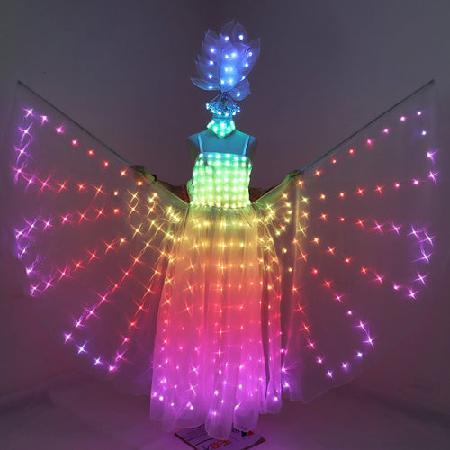 Full Color LED Wedding Dress Women Luminous Wings Suit Fluorescent Butterfly LED Skirt Ballet Wedding Performance Costumes
