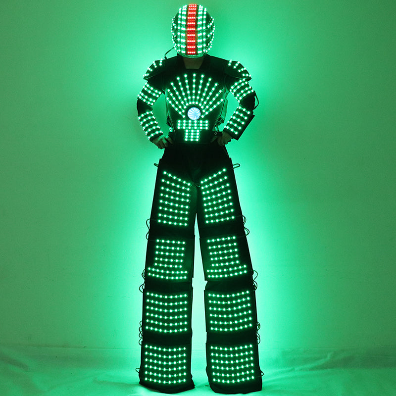 LED Robot Suit Costume High Heel Kryoman Robot David Guetta Stilts Walker Light Clothes Helmet Laser Gloves