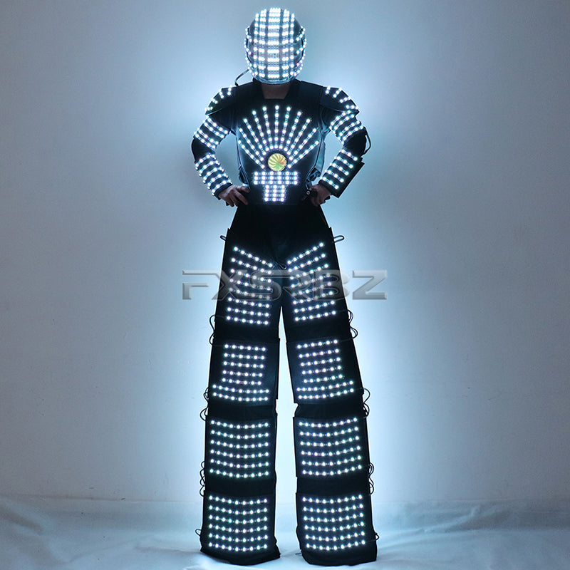 LED Robot Suit Costume High Heel Kryoman Robot David Guetta Stilts Walker Light Clothes Helmet Laser Gloves