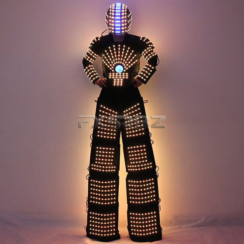 LED Robot Suit Costume High Heel Kryoman Robot David Guetta Stilts Walker Light Clothes Helmet Laser Gloves