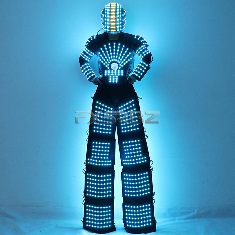 LED Robot Suit Costume High Heel Kryoman Robot David Guetta Stilts Walker Light Clothes Helmet Laser Gloves