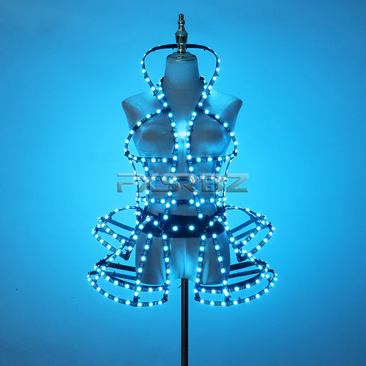 Full Color Digital LED Cage Clothing Suit Light Up Luminous Costumes Sexy Girl Tutu Ballet Dancing LED Hollowed-Out Dress