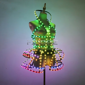 Full Color Digital LED Cage Clothing Suit Light Up Luminous Costumes Sexy Girl Tutu Ballet Dancing LED Hollowed-Out Dress