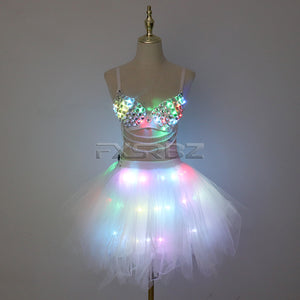 New LED Bra Tutu Skirt Colorful Flash Diamond Bra Belly Dance LED Skirt Christmas Dance Party Sexy Girl Light Up Costume