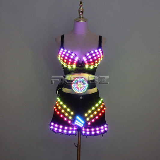 New LED Costume Light Up Sexy Lady Party Dance Bra With Belt DJ Nightclub Bar Glowing Clothing Stage Show Skirt Suits