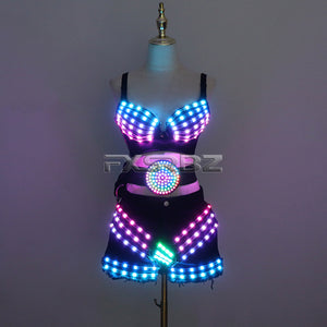 New LED Costume Light Up Sexy Lady Party Dance Bra With Belt DJ Nightclub Bar Glowing Clothing Stage Show Skirt Suits