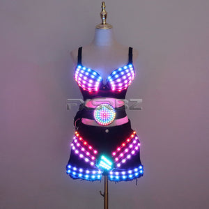 New LED Costume Light Up Sexy Lady Party Dance Bra With Belt DJ Nightclub Bar Glowing Clothing Stage Show Skirt Suits