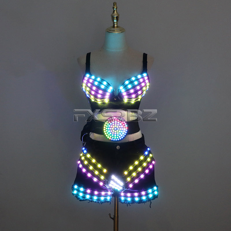 New LED Costume Light Up Sexy Lady Party Dance Bra With Belt DJ Nightclub Bar Glowing Clothing Stage Show Skirt Suits