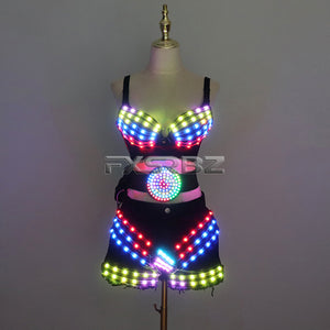 New LED Costume Light Up Sexy Lady Party Dance Bra With Belt DJ Nightclub Bar Glowing Clothing Stage Show Skirt Suits