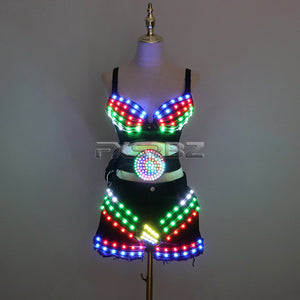 New LED Costume Light Up Sexy Lady Party Dance Bra With Belt DJ Nightclub Bar Glowing Clothing Stage Show Skirt Suits