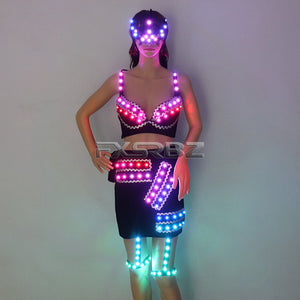 Full Color LED Costume Sexy Woman Luminous Dress Pole Dance Glowing Clothes Masked Stripper Outfits DJ DS Light Up Bra Suits