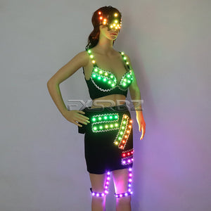 Full Color LED Costume Sexy Woman Luminous Dress Pole Dance Glowing Clothes Masked Stripper Outfits DJ DS Light Up Bra Suits